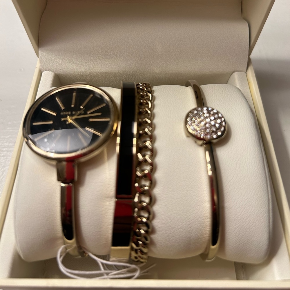 Anne Klein Ladies Gold Watch and Swarovski Crystals Bracelet Set New